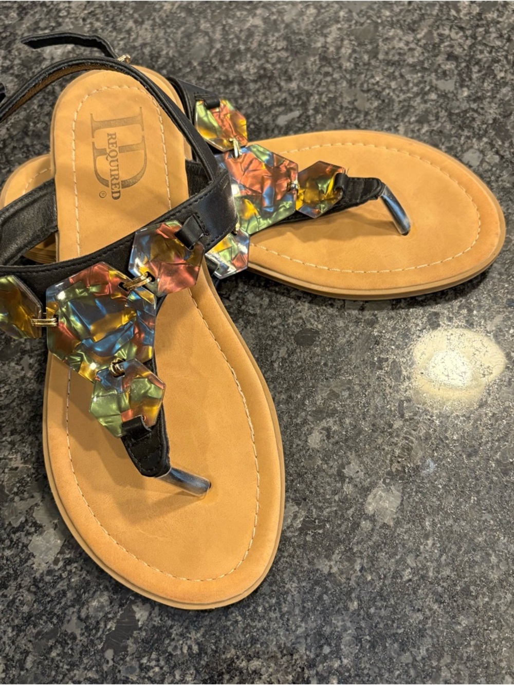 ID REQUIRED Black T-Strap Sandals with Multicolor Gem Accents 7W